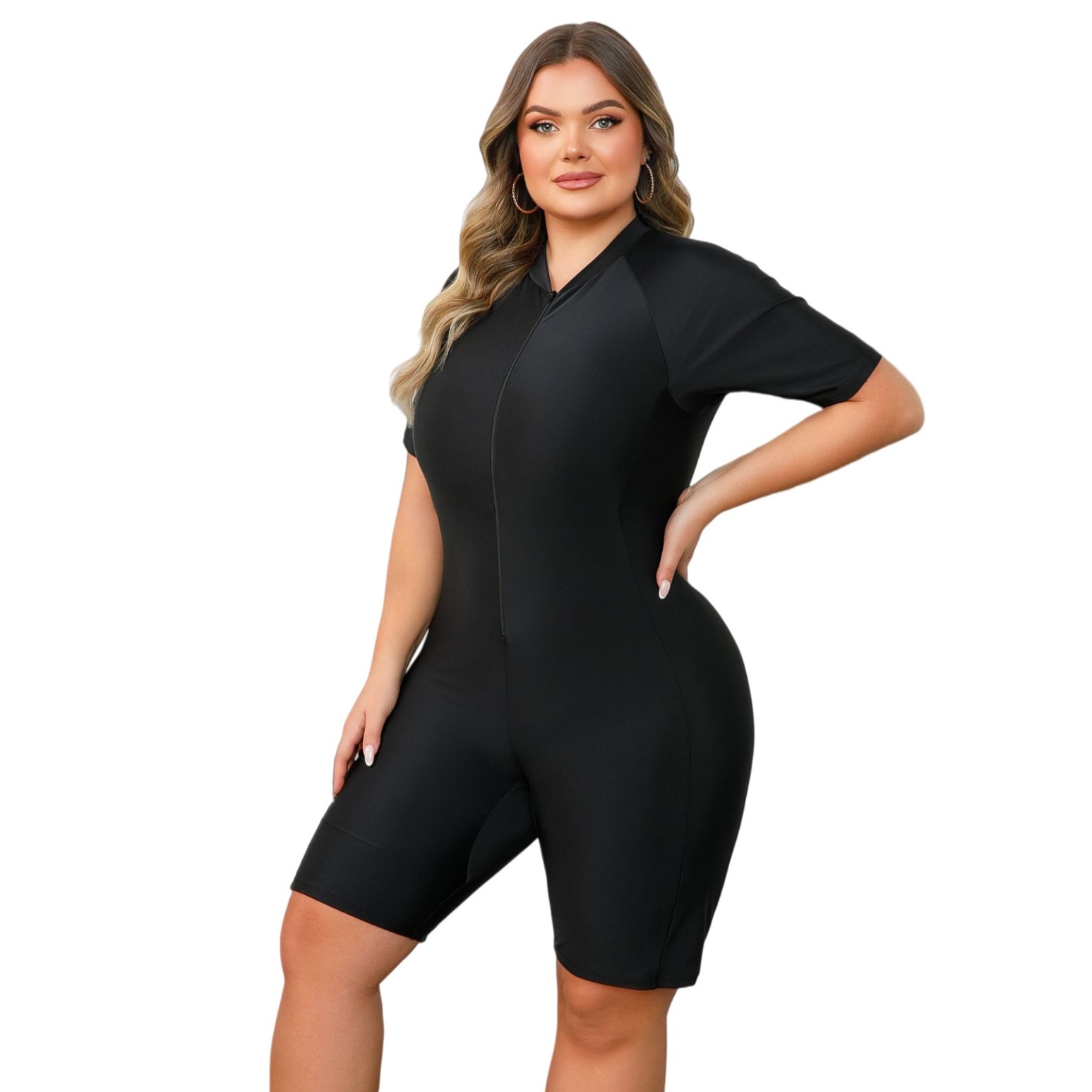 Plus Size Rash Guard Swimsuit Color Block Short Sleeve Zip-Up One Piece Swimwea